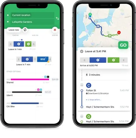 Two screenshots of the Transit App. The first shows available routes and the second shows route directions.